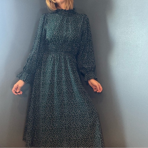 Green & White Long Sleeve High Neck Polka Dot Dress Size Large - Picture 4 of 12